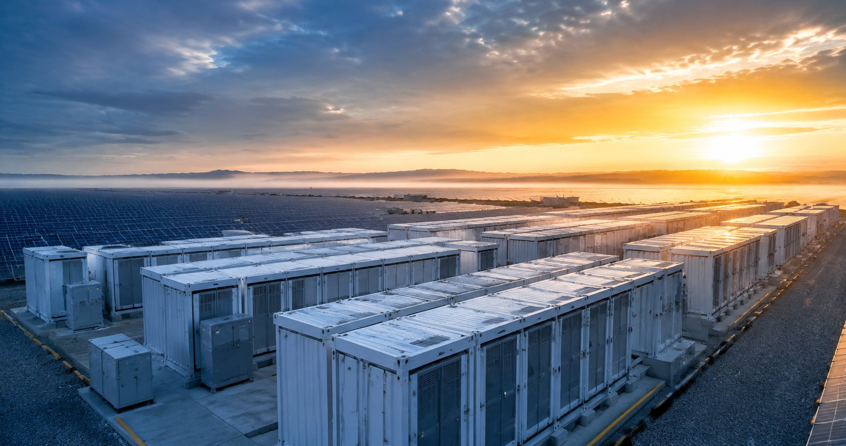 Utility-scale lithium battery energy storage system (ESS) containers at sunset — Vosray Energy supplies the LiFePO4 cells inside